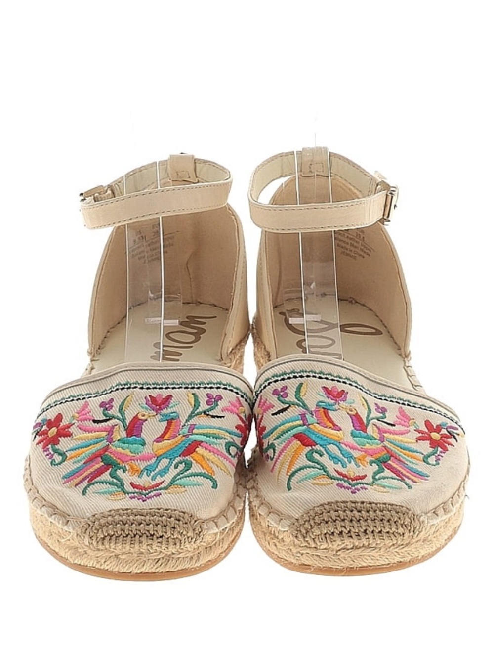 Sam Edelman Beige Embroidered Espadrille Flats with Multicolor Stitching
